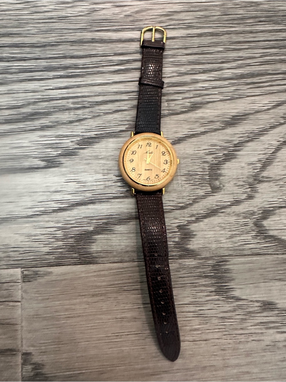 Women's Classic Wooden Tone Round Watch with Dark Brown Leather Strap